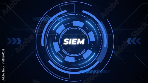 Futuristic blue circular HUD interface with SIEM text on dark background SIEM Security Information and Event Management