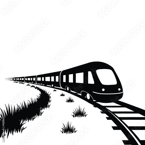 Black silhouette of a modern train on tracks with grass