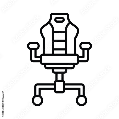 Black line art of a gaming chair with a tall backrest armrests and wheeled base. Editable stroke. Vector icon illustration
