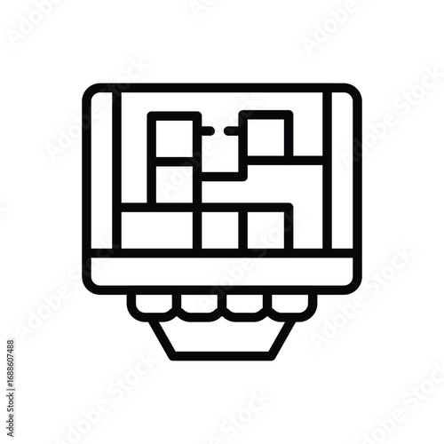 Black outline drawing of a cash register display with a floor plan visible on the screen positioned over a cashier station. Editable stroke. Vector icon illustration