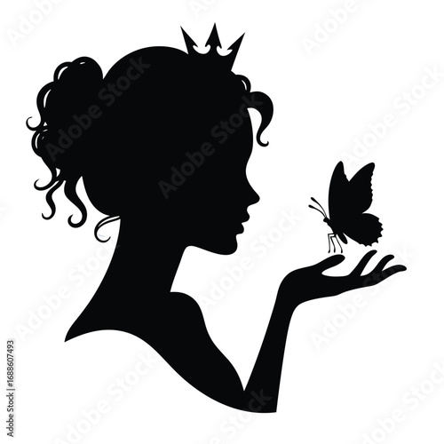 Black silhouette of a princess with a crown holding a butterfly 1