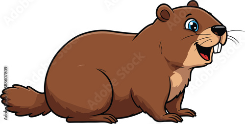 Cute Cartoon Beaver Animal Illustration with Big Teeth Smiling Cheerfully, Sitting on Ground, Vector Art for Kids Content