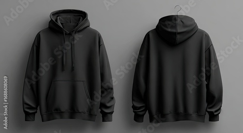 A plain black hoodie, shown from front and back views, hangs on a simple hanger against a muted grey background.  The hoodie has a kangaroo pocket and drawstring hood