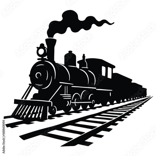 Black silhouette of a steam train on railroad tracks