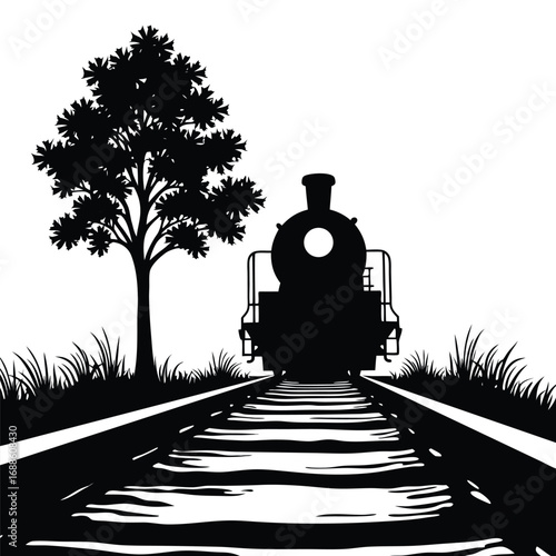 Black silhouette of a steam train on tracks with a tree 1