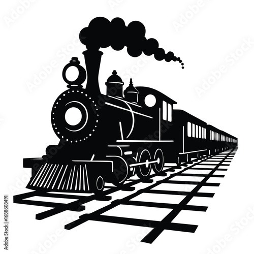 Black silhouette of a steam train on railroad tracks 1