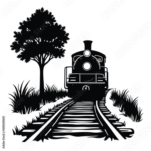Black silhouette of a steam train on tracks with a tree