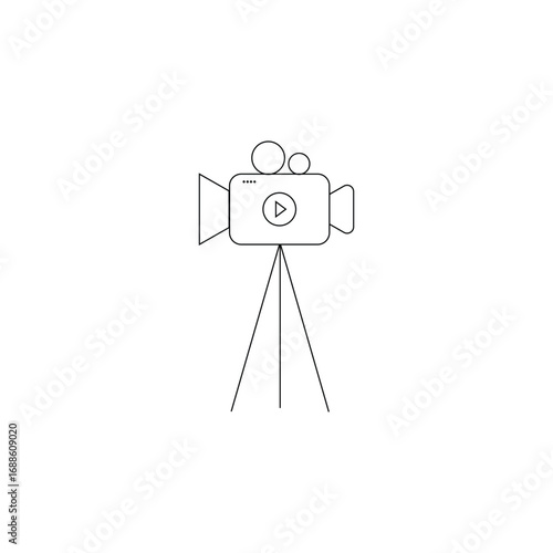 Simple line drawing of a vintage film camera on a tripod