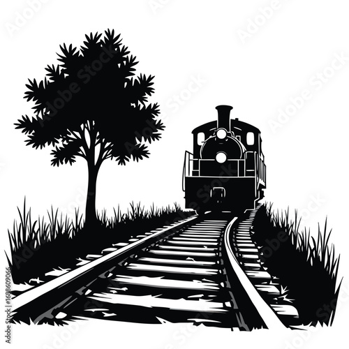Black silhouette of a steam train on tracks with a tree 6