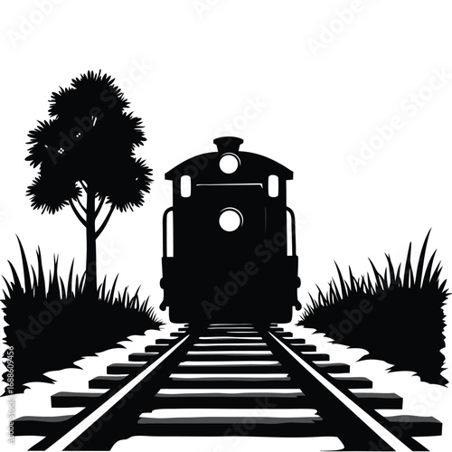 Black silhouette of a train on tracks with a tree and grass