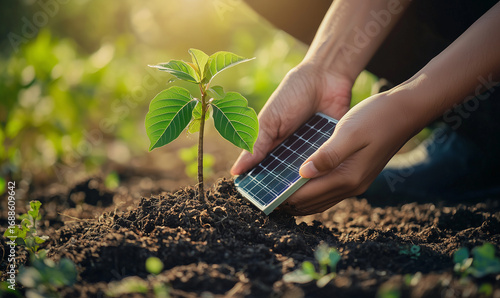 Planting clean energy technology solar innovation in agriculture outdoor environment close-up viewpoint for sustainable growth