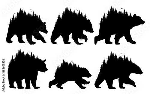 Silhouettes of bears with coniferous forest and birds.