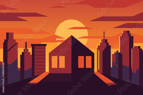 Minimalist modern cityscape sunset vector illustration scalable digital art