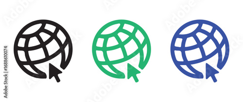 Set of Globe Search Icons in Black, Green, and Blue for Digital Use