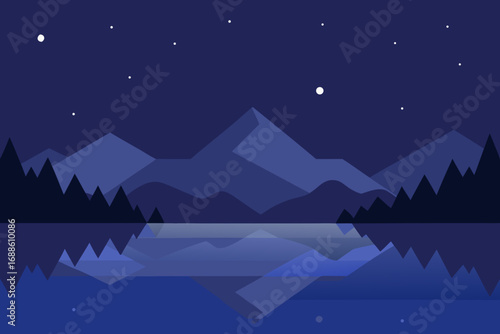 Minimalist mountain landscape vector illustration with starry night and reflecting water