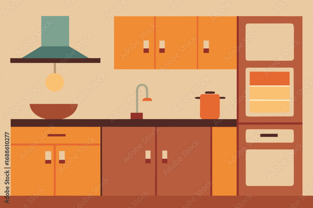 Fototapeta premium Modern minimalist kitchen illustration vector art with cabinets and appliances