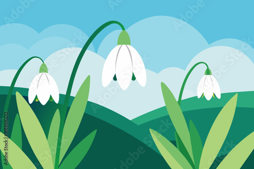 Minimalist vector illustration of spring snowdrop flowers blooming in a green landscape