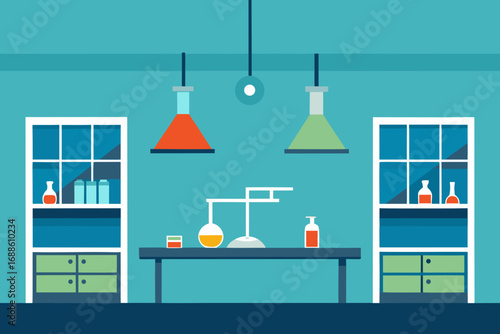 Modern minimalist science lab vector illustration with beakers and shelving
