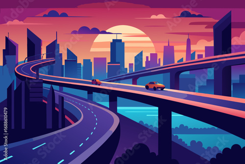 Vibrant sunset cityscape vector illustration with modern architecture and highway overpass