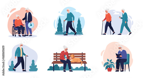 Illustrations depicting active senior citizens enjoying various leisure activities and outdoor pursuits