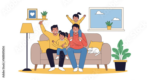 Happy family sitting together on the couch enjoying their time in the living room