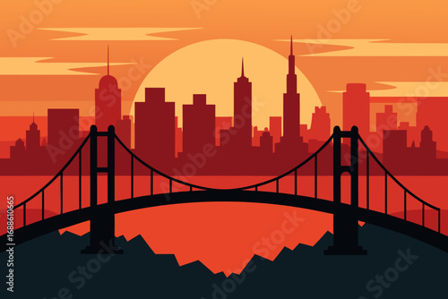 Minimalist vector cityscape sunset with bridge and modern architecture scalable illustration