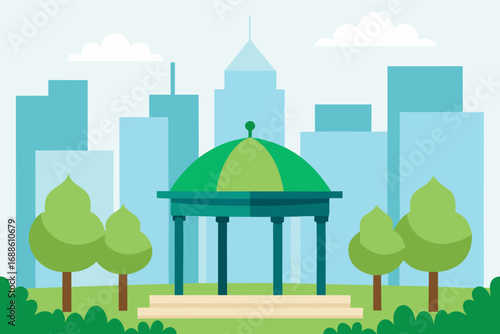 Minimalist vector cityscape with park gazebo and trees at sunset