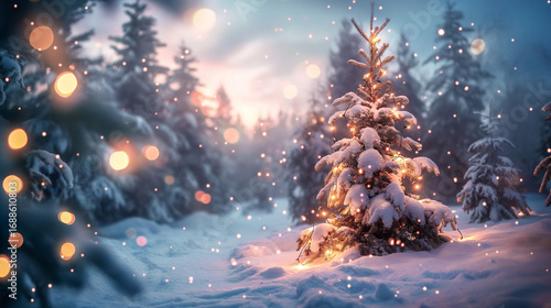 Snowy winter landscape with pine trees and Christmas lights, magical atmosphere.