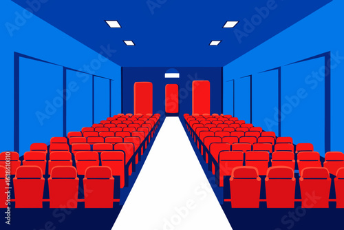 Modern auditorium hall with red seats and blue walls digital vector art