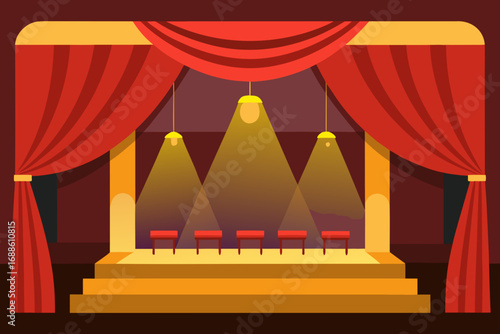 Vector stage lights spotlight performance red curtains golden accent dramatic lighting illustration