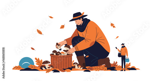 People enjoying autumn season picking mushrooms in forest gathering for thanksgiving feast