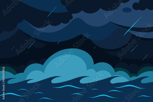 Minimalist vector illustration of a stormy sea under dark clouds digital art