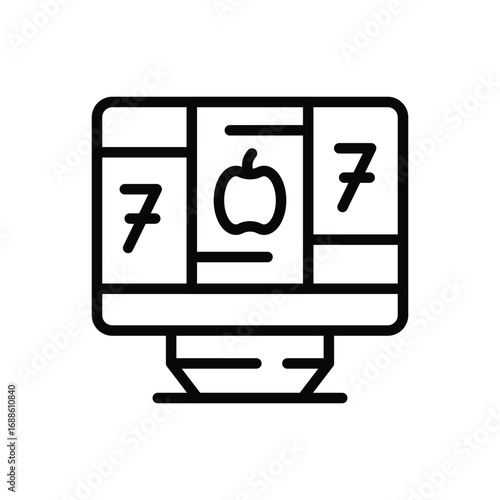Slot machine displaying 7 apple and 7 rendered as a black and white line drawing. Editable stroke. Vector icon illustration