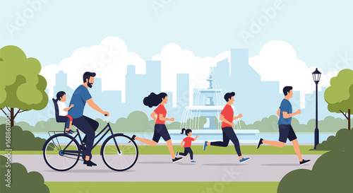 Family fun outdoors enjoying park life cycling jogging walking and active recreation together