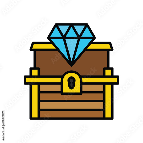 Treasure chest with a blue diamond on top. Editable stroke. Vector icon illustration