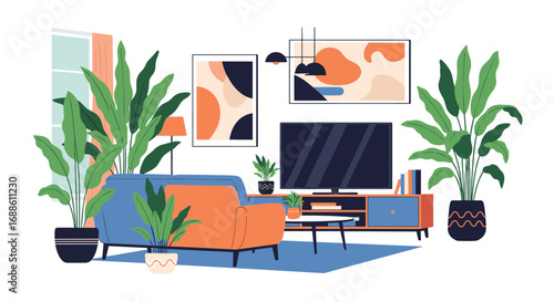 Modern living room scene with abstract art and indoor plants