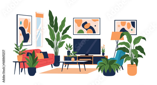 Cozy living room interior design with comfortable furniture and lush green plants