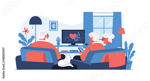 Elderly couple watching television together at home on a comfortable couch with a small dog