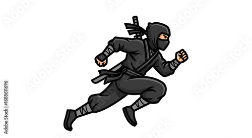 Cartoon Ninja Running with Sword, in Black Outfit.