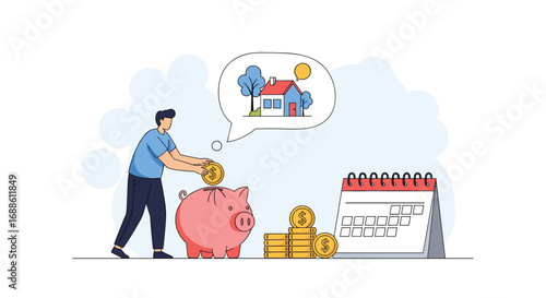 Saving money for a new home with a piggy bank and calendar
