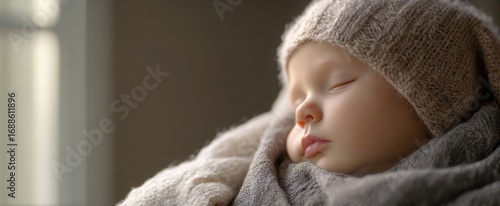 The sleeping baby wrapped in soft fabric with a serene expression.