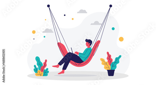 Man sitting relaxing in a hammock working on his laptop outdoors