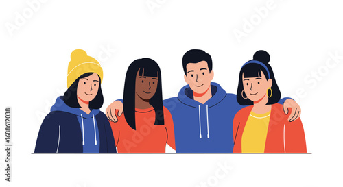 Diverse group of young people stand together in friendship and unity celebrating together