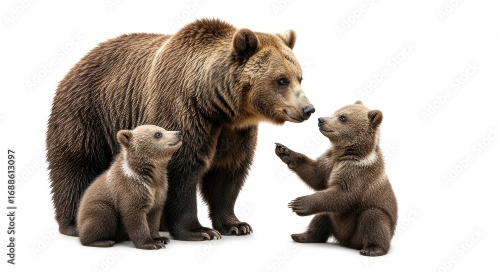 Fototapeta premium Grizzly Bear Family: Mother and Two Cubs on White Background