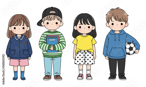 Cute kids standing together, diverse children with books and soccer ball, casual clothing, smiling faces, childhood, friendship, education, and sports