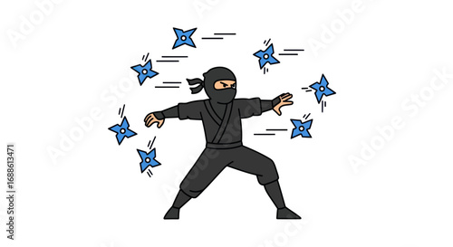 Cartoon Ninja Throwing Shurikens in Action, Isolated.