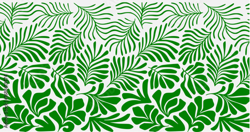 seamless pattern with green leaves background with tropical palm leaves in Matisse style. Vector seamless pattern with Scandinavian cut out elements.
