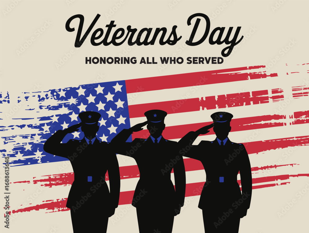 Naklejka premium Veterans Day Poster with Saluting Soldiers and American Flag