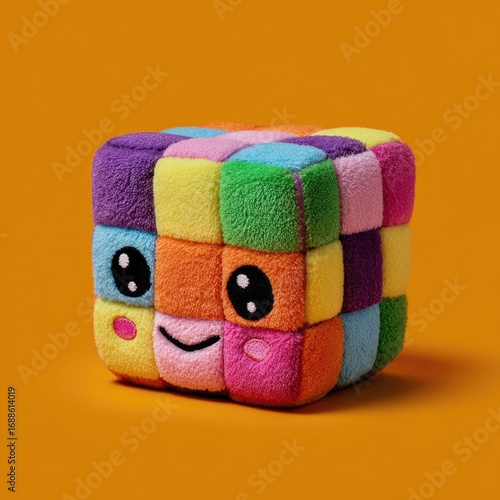 A plush cube toy, multicolored patchwork design, features a cute cartoon face with large eyes and a smile, set against an orange background