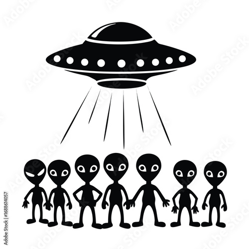 Black silhouette U F O hovering over group of aliens